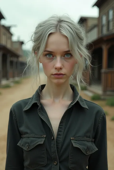 Old photo style image of a young very pale woman with light gray messy hair, light blue eyes and pale lips, dressed in a dark cowboy shirt. The setting is USA, 1900s, the background is an old town of that era.