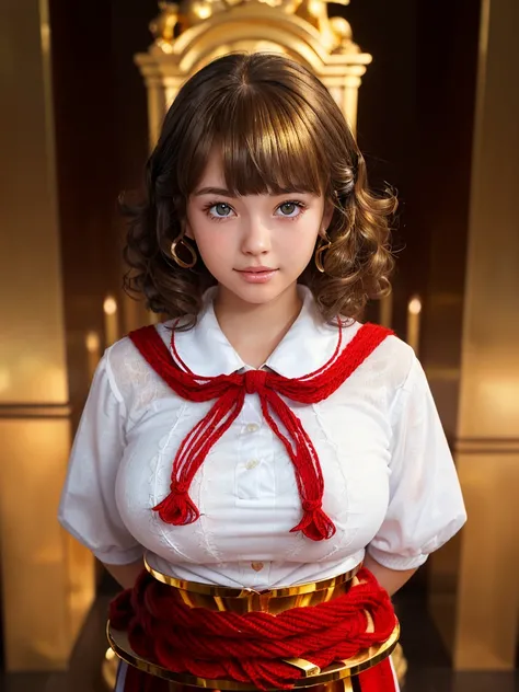 (shiny white skin:1.4),(a girl with big breast:1.6),(cute face:1.5) ,(curly bangs:1.5) (mystic gold pedestal of qualifications with much red yarn:1.5) ,(white blouse:1.4),(school uniform:1.5) extremely detailed CG unity 8k wallpaper