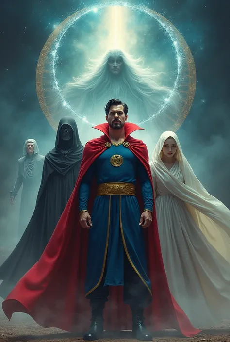 Create a group of people, Make Doctor Strange, Make Doctor Manhattan, Make a dark spectre with a dark robe, Make a woman with a round pale face wearing a white robe that covers her head 