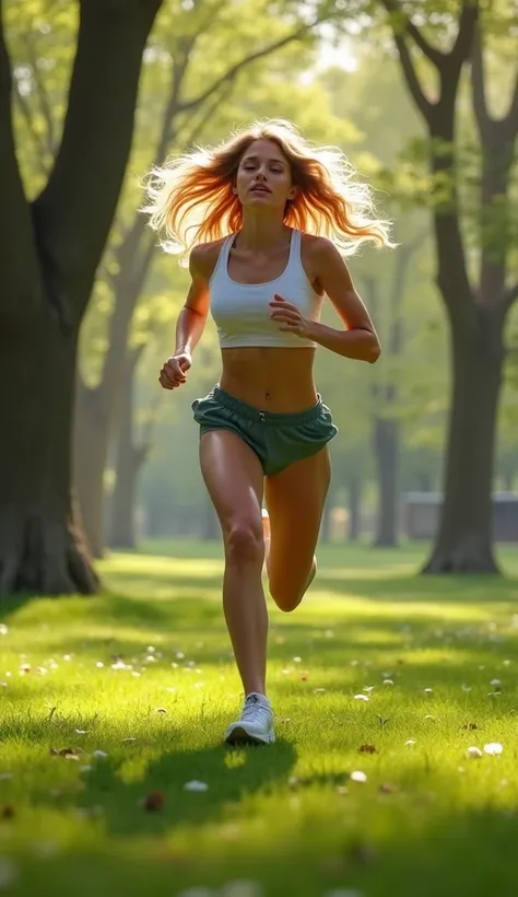 blonde young woman [running in the park in spring] at [prk on sunny day], professional color grading, soft shadows, no contrast, highly detailed, clean sharp focus, digital photography