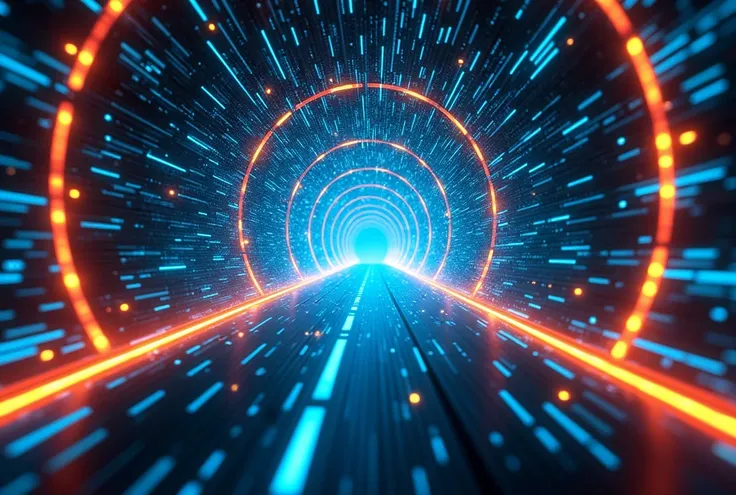 "Create a digital illustration of a futuristic data tunnel. The tunnel should be cylindrical, extending from the foreground to a vanishing point in the center of the image. Use a contrasting color scheme of cool blue and warm orange. The blue should appear...