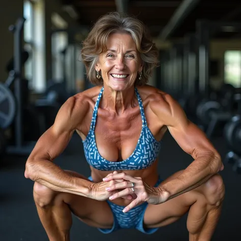 Old 65 year old woman, unbottoned shirt with blue striped bikini, muscular, freckles, big boobs, squating with legs spread, smiling, earrings, bellybutton ring, messy brown hair, at the gym