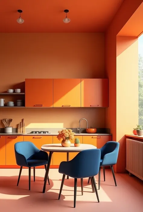 Create kitchen image showing two wall view. Paint the plain kitchen wall with light orange color. Paint cabinets hanging on the upper wall through out both wall horizontally with dark orange color. Paint dinning table and four chairs with dark blue colour.