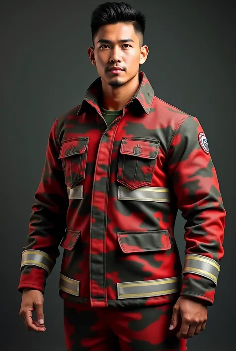 handsome Malaysia muscular man, 1man, wearing camouflage red black and army green shirt uniform, camouflage red black and army green pants uniform, detailed facial features, extremely detailed eyes and face. Firefighter uniform, beautiful detailed lips, lo...