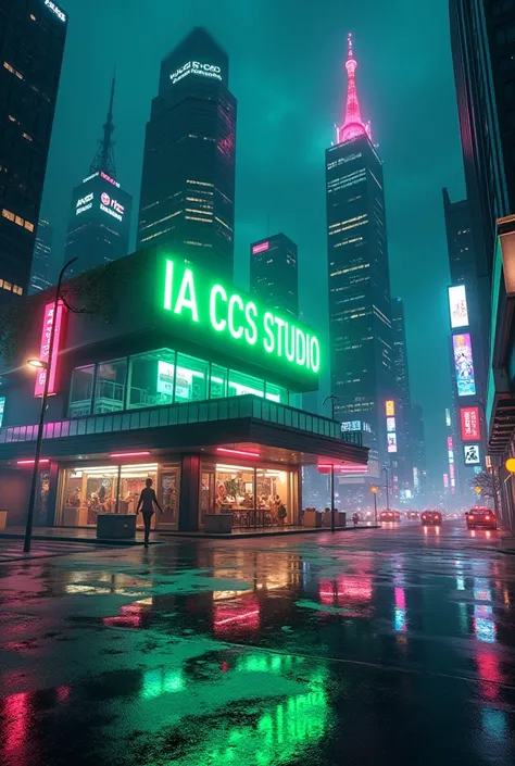 A vibrant cityscape at night, with a sleek modern building as the central focus, with a large horizontal neon sign mounted on its facade, reading “IA CCS STUDIO”, fluorescent green lights The bright, glowing lights of the signs cast a colorful glow onto th...