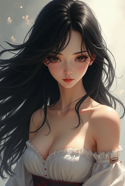 Best Quality、Japanese、Masterpiece、Fleeting Black Hair、long hair、A woman in a strapless top is looking down.