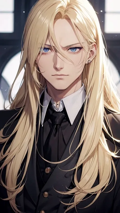 Hair yellow, Anime style image of a man with long blonde hair wearing a black suit and white shirt, purple eye, a character portrait inspired by Yamagata Hiro, pixiv, what is?, pat pat anime, delicate androgynous prince, black skin, black skin, black face,...