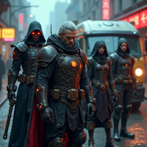 A heavily armored vampire spawn, wearing a modern tactical vest reinforced with dark, enchanted metal, his glowing red eyes peering from beneath a blackened helmet; next to him, an elf wizard in a sleek, lightweight armored vest with arcane symbols glowing...