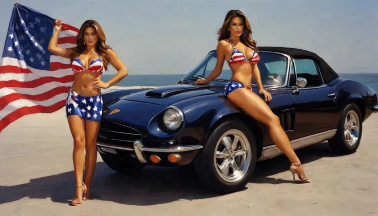 Sofia Vergara (age 25, American flag bikini), looking under the hood of a sleek sports car, glamour shot, low angle