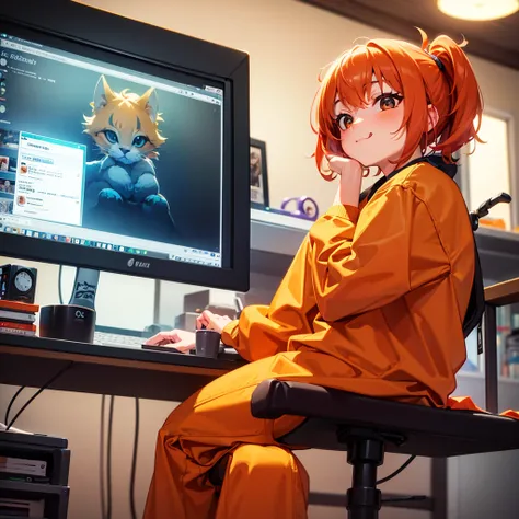 Create an image of a cute, lively young boy listening to relaxing music in front of a computer desk. Beside him, a small orange cat is sitting and licking its paw.