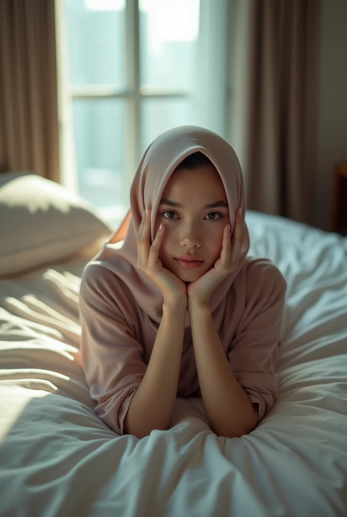 NSFW (masterpiece, top quality, best quality, extreme detailed, colorful, highest detailed, Dreamy Atmosphere, Bright color, real photo, real skin. Hyper realistic, 1girl, Malaysia young girl, ((wearing hijab)), fair skin looking sharp to the viewer, detai...