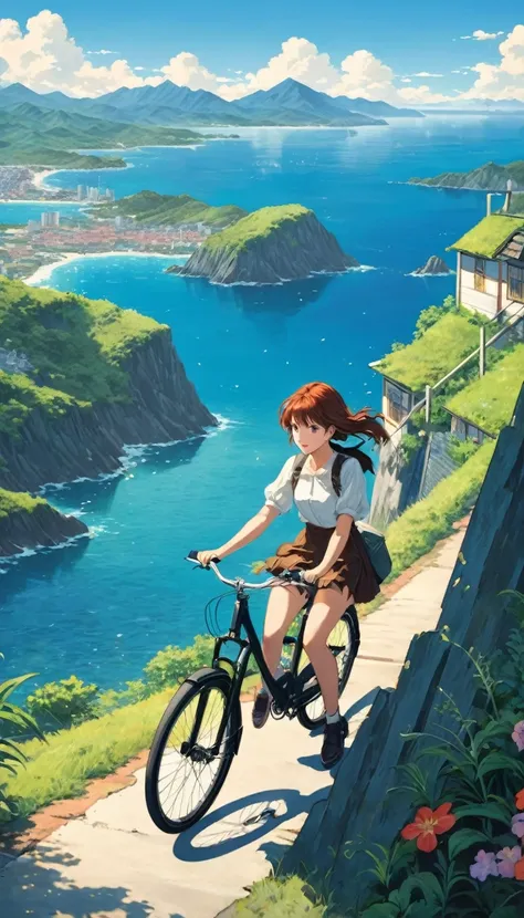 anime girl traveller on a bike with ocean and mountains, in the style of richly detailed genre paintings, animated film pioneer, naturalistic cityscapes