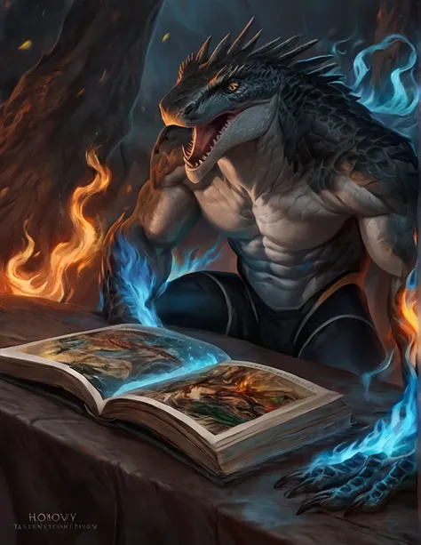 a ferocious male lizardfolk druid, muscular detailed body, gray color body, yellow eyes, hungry, open mouth, neon blue insides, masculine pose, tall topless, magic bodysuit, dark magic flames, comic book style, best quality, 4k, ultra-detailed, realistic, ...