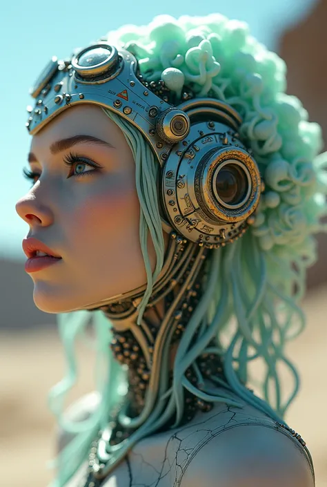 Ethereal Cyborg Woman, bioluminescent jellyfish tiara. Steampunk goggles merge with translucent tentacles. Cracked porcelain skin meets iridescent scales. Mechanical implants and delicate tendrils intertwine. Human characteristics with an otherworldly glow...