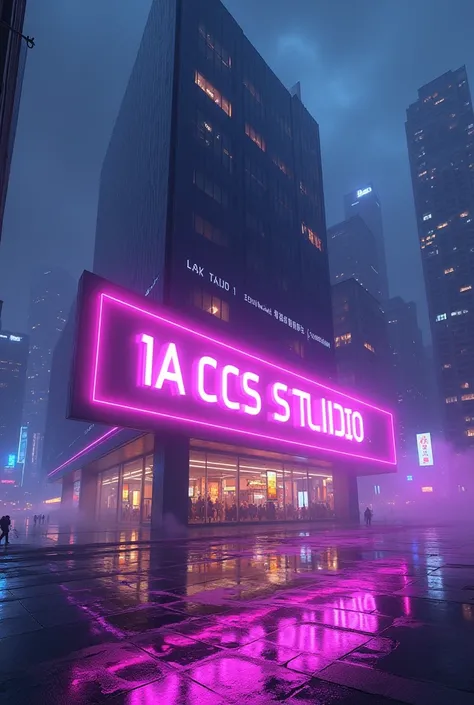 A vibrant cityscape at night, with a sleek modern building as the central focus, with a large horizontal neon sign mounted on its facade, reading “IA CCS STUDIO”, purple fluorescent lights streaming in. The bright, glowing lights of the signs cast a colorf...