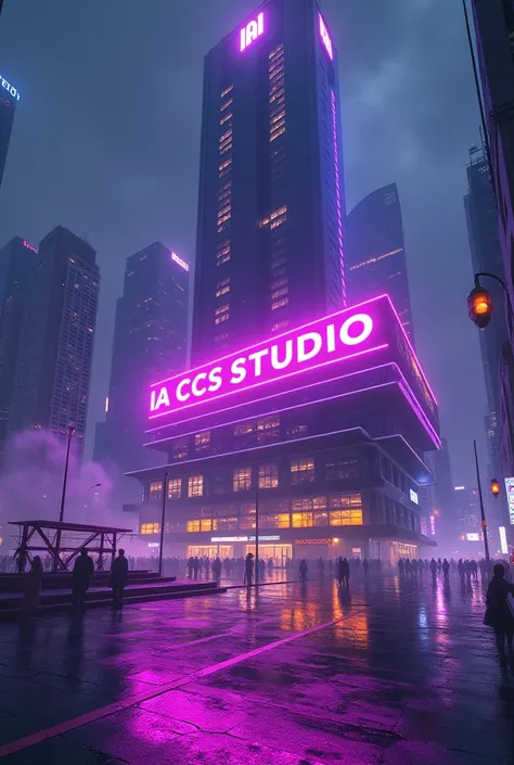 A vibrant cityscape at night, with a sleek modern building as the central focus, with a large horizontal neon sign mounted on its facade, reading “IA CCS STUDIO”, purple fluorescent lights streaming in. The bright, glowing lights of the signs cast a colorf...