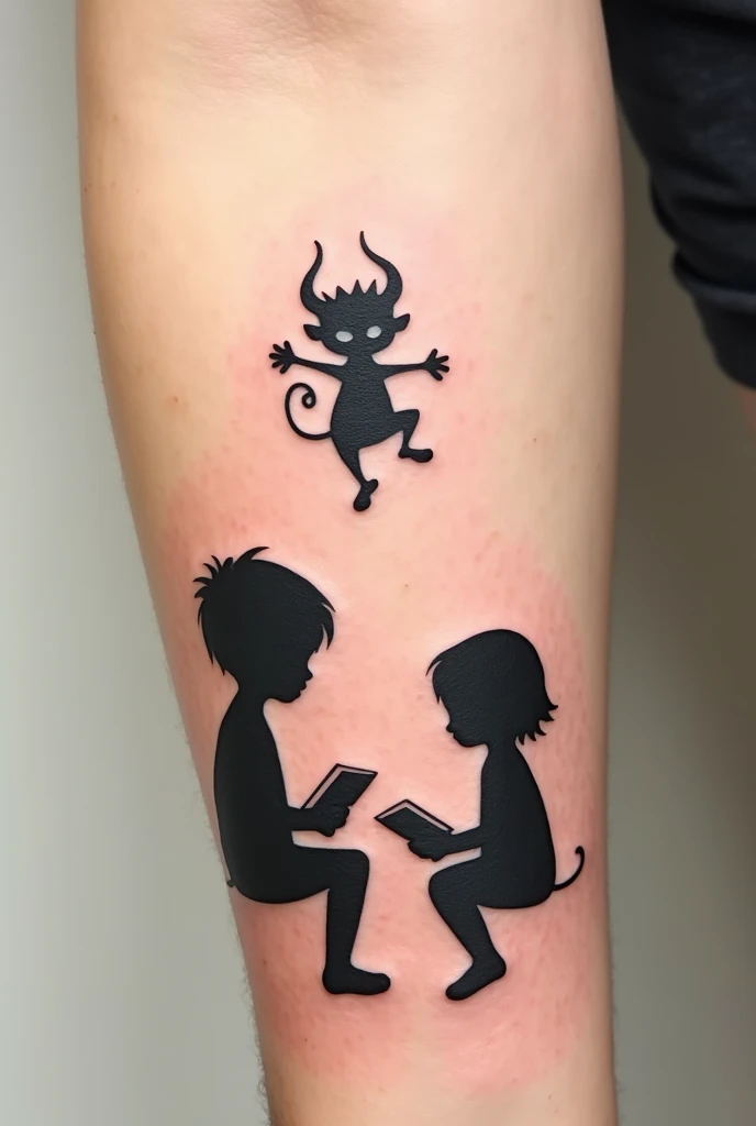 Tatouage homme avant bras deux petites silhouette pas trop détaillé denfant (un minimum de détails juste les silhouettes des enfants) entrain de lire un livre et au dessus deux un petit démon dans un style enfantin  mais qui fait quand même un peu peur mai...