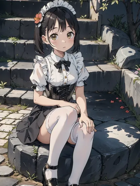 cute、daily、Black maid dress with a white skirt, White Stockings, Tight corset、Black patent pumps、Flower Hair Ornaments、on the cobblestone、Sitting on stone steps