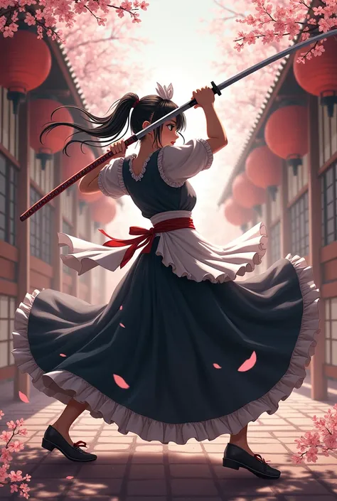 A person wearing a long-skirted maid outfit is fighting with a Japanese sword