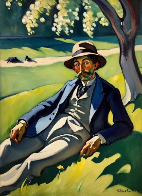 (Inspiration comes from: Charles Camoin), Impressionist painting：the tattered beggar lying on the grass