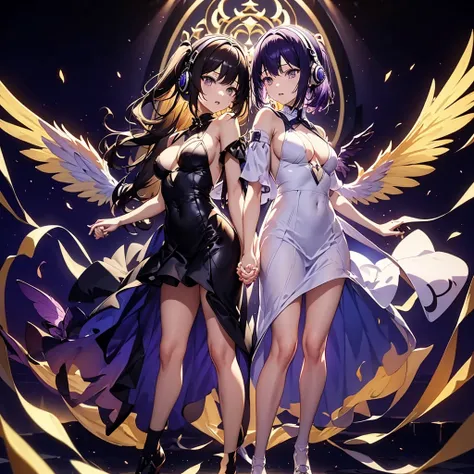 ((Highest quality)), (detailed), holding hands, back to back, with dark indigo hair, short hair with long bangs(Large Breasts)with purple eyes, with a glaring look, wearing white headphones, and large wings, long side ponytail, enveloped in flames, average...