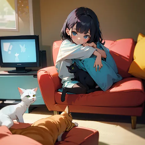 Here is the image of children watching TV with a cat in a comfortable living room. Please let me know if you require any modifications or an alternative image.