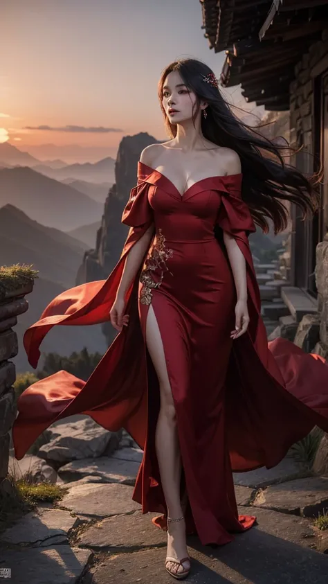 best quality,masterpiece,Ultra-high resolution,(photoactual:4：0),Crimson sky,Mountain rock,A Chinese female ghost,long flowing hair,Big breasts,Wearing a red, stunning, off-the-shoulder gown,Walking with elegance,The demon claws are long and sharp.,Red mis...