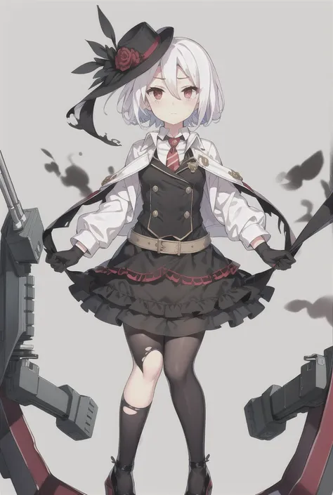 Vittorio_Veneto (warship girls r),((masterpiece)),(((best quality))),((ultra-detailed)),((illustration)),((disheveled hair)),((frills)),(1 girl),(solo),1girl,belt,black footwear,black gloves,black legwear,black skirt,blood,blush,breasts,broken,cannon,close...