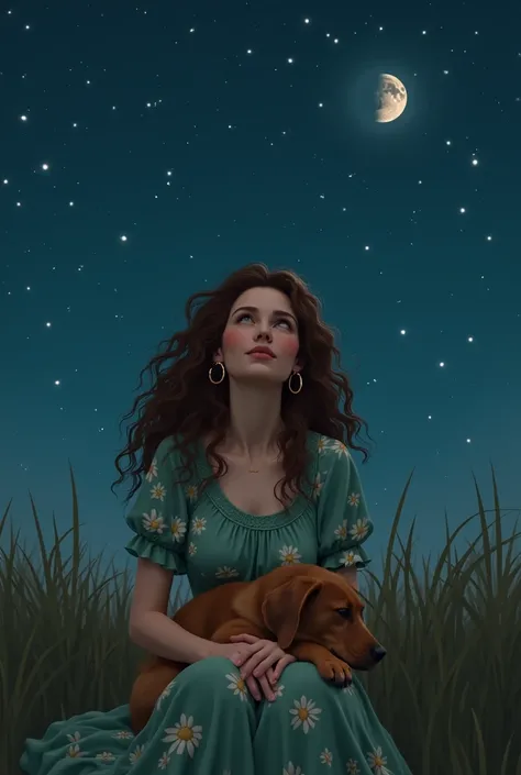 Create a realistic image of a white woman with very curly hair, brown and long and messy. She is wearing a delicate green dress with a floral print. It&#39;s getting dark and there are many stars in the sky. The moon is waxing. She is sitting looking at th...