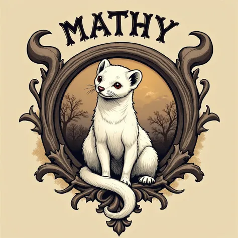 Generate a font for my profile logo with the name "MATHY" that represents a medieval style houses banner and albino ferret The font should be traditional elegant. The background should be in earth-tone colors. the center should be circle and theme is drawi...