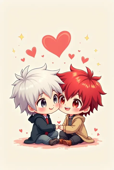 Create a chibi couple of two male characters with a special coloring style, the first male character has red hair, and the second one has white hair.