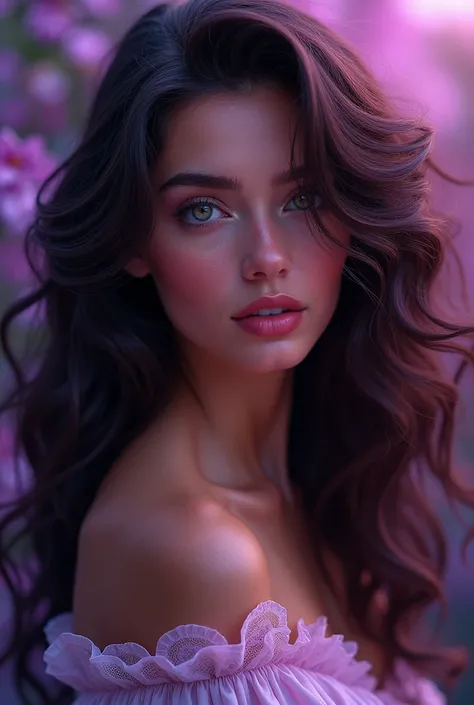 (photorealism:1.2), beautiful woman, long curly art hair  soft lighting, brilliant background, relaxed pose, realistic, intricate details, purple color