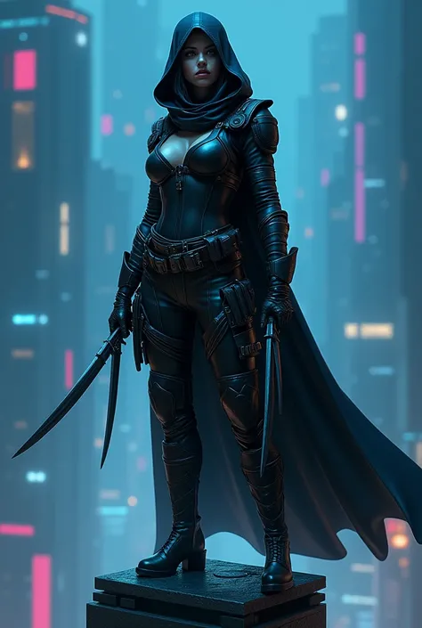 Une femme vampire assassin avec des rondeur tenue de ninja remplit de couteau avec des bottes et pantalon en cuir et flechettes et capuche sur la tête foulard au cou avec une cuirasse imposante et des ceintures tout autour remplit de lames tranchante sur s...