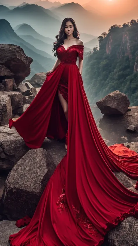 best quality,masterpiece,Ultra-high resolution,(photoactual:4：0),Crimson sky,Mountain rock,A Chinese female ghost,long flowing hair,Big breasts,Wearing a red, stunning, off-the-shoulder gown,Walking with elegance,The demon claws are long and sharp.,Red mis...