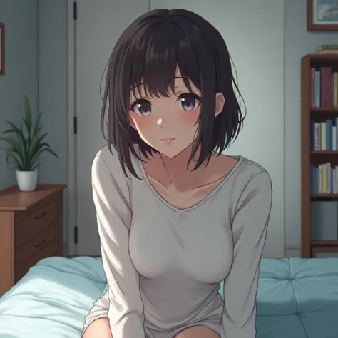 • character: Short-haired female character。Hair is semi-long and dark brown。
	•expression: Gentle expression looking straight at the camera。
	• pause: Sitting on the bed、Leaning slightly forward towards the camera。
	• Costumes: a thin white long-sleeved T-...