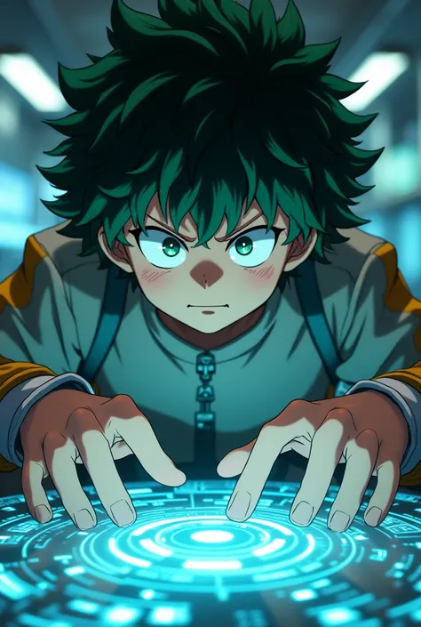 Izuku Midoriya with curly white hair and green eyes working on HUD screen effect 