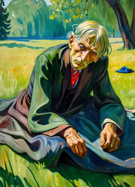 a tattered beggar lying on the grass, impressionist painting style, detailed wrinkles, dirty clothes, begging pose, lush green grass, warm sunlight, soft focus, (Inspiration comes from: Edvard Munch), vibrant colors, loose brushstrokes, textured canvas, hi...