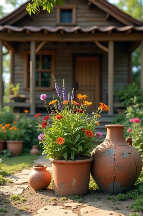 Behind a wooden house, there is a flower pot planted with beautiful plants. Beside him lay several large pottery vessels that had broken