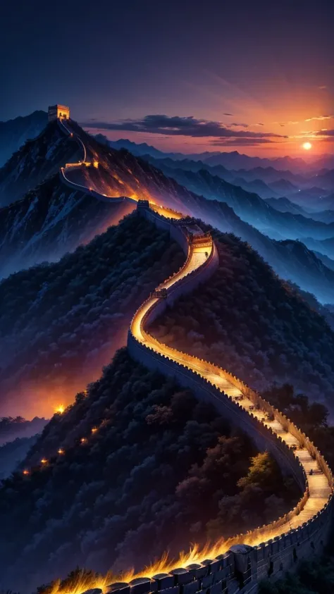 The Great Wall at night，The city is brightly lit.，Like a dragon，Crowded，The lights surround the area.，Sunset，quality，8k，Exquisite。