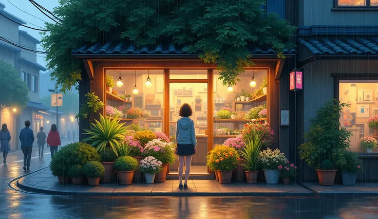 City flower shop, potted plants, flower, rainny night,water reflection puddle,oriental design, hanging lights , digital painting, sunset,wind up,concept art, illustration, intricate, many people, hanging lights, happy, beautiful colorful light, flower, pla...