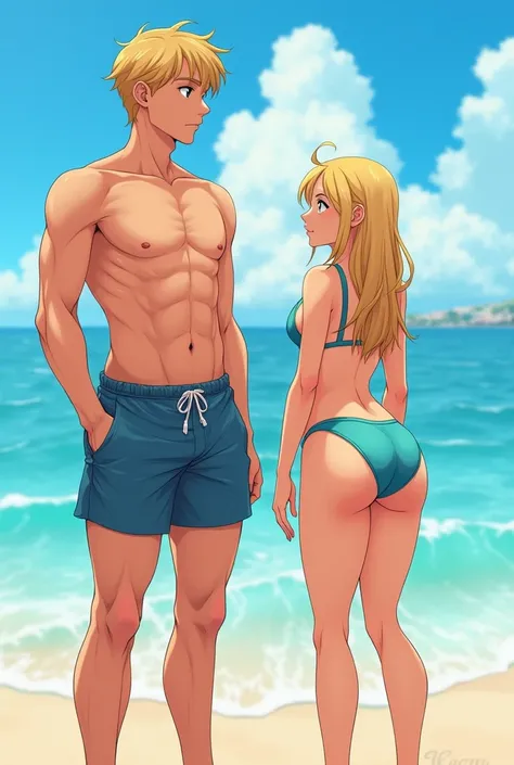 detailed anime style, young couple, (1 guy 1 girl), boyfriend and girlfriend, standing next to each other at the beach, (extreme height difference), (size difference); boyfriend: (tall), wide shoulders, swim trunks, blonde hair, blue eyes, hot, cute, muscu...