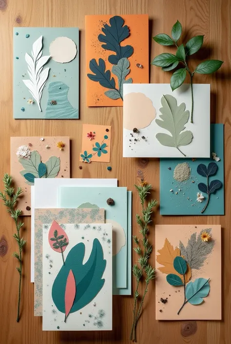 Generate an image that shows a variety of cards made with recycled paper. The cards should be arranged on a natural wood surface. Each card should have a unique and creative design, reflecting the use of recycled paper in its patterns and colors. Include v...