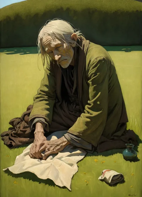 a tattered beggar lying on the grass, impressionist painting style, detailed wrinkles, dirty clothes, begging pose, lush green grass, warm sunlight, soft focus, (Inspiration comes from: John Kenn Mortensen), vibrant colors, loose brushstrokes, textured can...