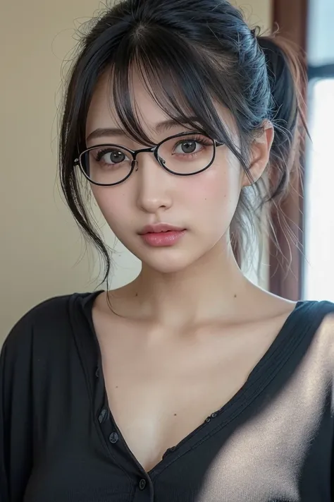 Random Pause, Mix 4, (8k, Original photo, Highest quality, masterpiece: 1.45), (Actual, Vibrant: 1.37), Wearing round glasses、Skinny Japanese woman, one , charm, Inside your room, Professional Lighting, Photon Mapping, Radio City, Physically Based Renderin...