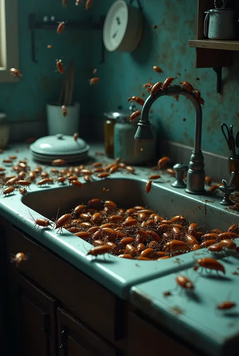 A dishwashing sink full of cockroaches 