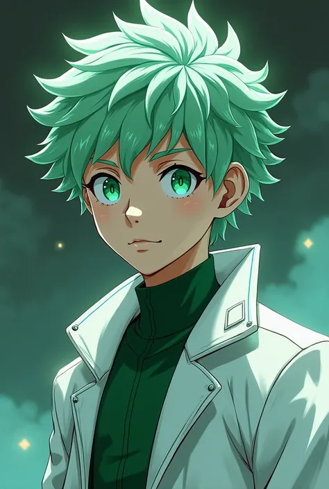 Izuku Midoriya with curly white hair and green eyes wearing a white green futuristic lab coat 