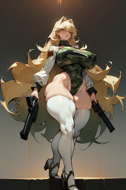  thick hips,  thick thighs, platform heels, high cut leotard, bandeau top, huge breast, thin waist, long hair, weapon, pale skin, gun, angry look,  scream, thick body, tight stockings, military camouflage,  (( very wide hips)), (((colossal Thighs, gigantic...