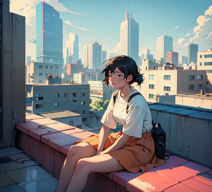 a woman sitting on a rooftop with a city in the background, lofi artstyle, lofi art, inspired by Atey Ghailan, in style of atey ghailan, lofi girl aesthetic, lofi hip hop, lofi girl, chillhop, girl sitting on a rooftop, lofi aesthetic, sits on a rooftop, r...