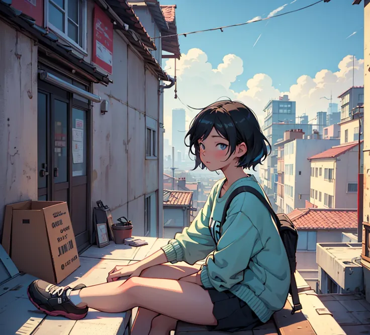 a woman sitting on a rooftop with a city in the background, lofi artstyle, lofi art, inspired by Atey Ghailan, in style of atey ghailan, lofi girl aesthetic, lofi hip hop, lofi girl, chillhop, girl sitting on a rooftop, lofi aesthetic, sits on a rooftop, r...