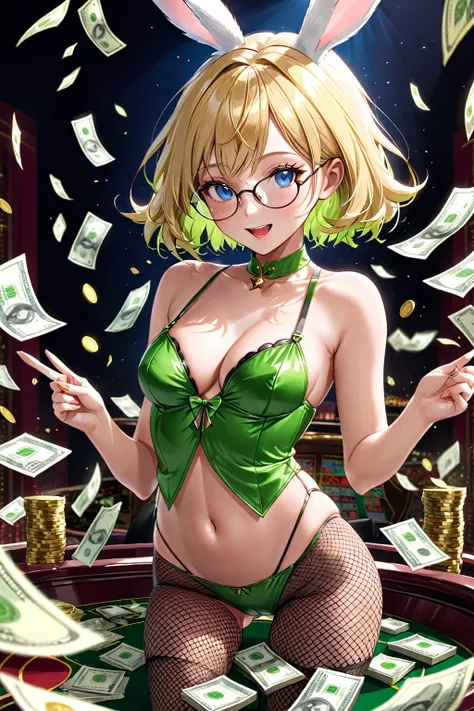 masterpiece, absurdres, best quality, extremely detailed eyes and face, natural skin texture, detailed skin, (perfect fingers, perfect hands),
BREAK
Win big at the casino、Laughing in high spirits、Bunny girl scattering stacks of bills{lime green playboy bun...